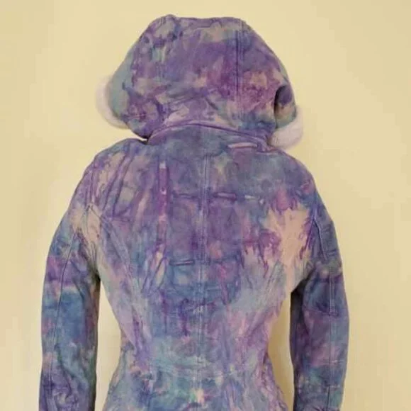 Suede leather tie dye jacket shearling boho Coat gray white pink purple blue med